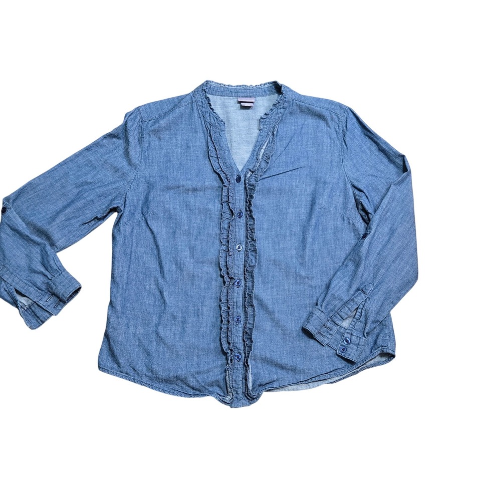 Laura Scott Petite Blue Chambray Ruffle Front Button Up Roll Tab Top LP